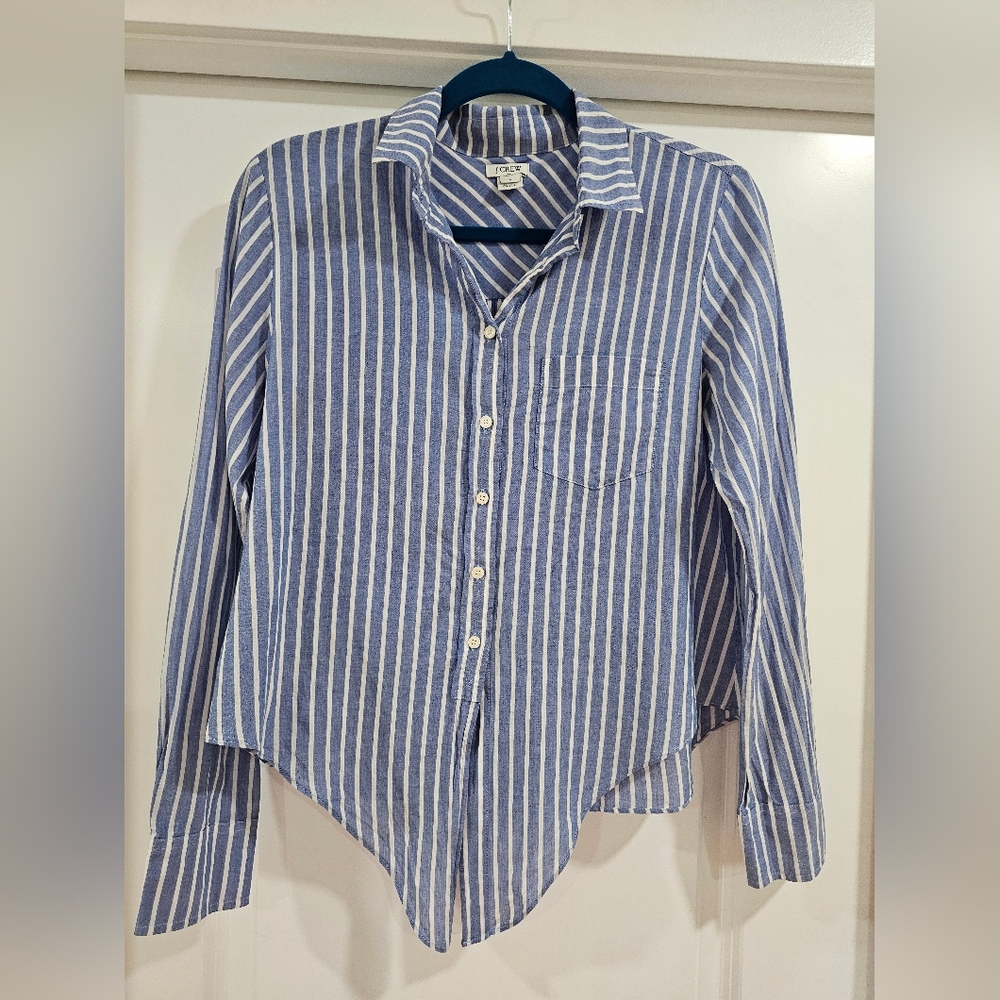 J. CREW Women Button-down Front Tie Blue and White Striped Cotton Short Size S